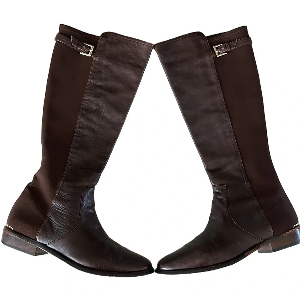 Coach Lilac Tall Boots Brown Leather Fabric Stretch Panel Size 10 Buckle Classy - Picture 2 of 16